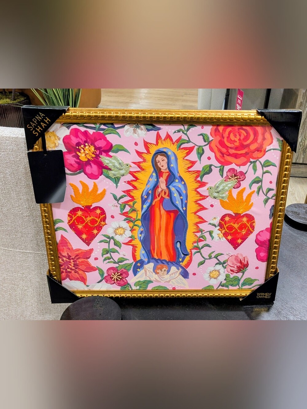 18 X 24 Sapna Shah VIRGIN MARY Flowers Hearts Embroidered Doves Wall Art RARE